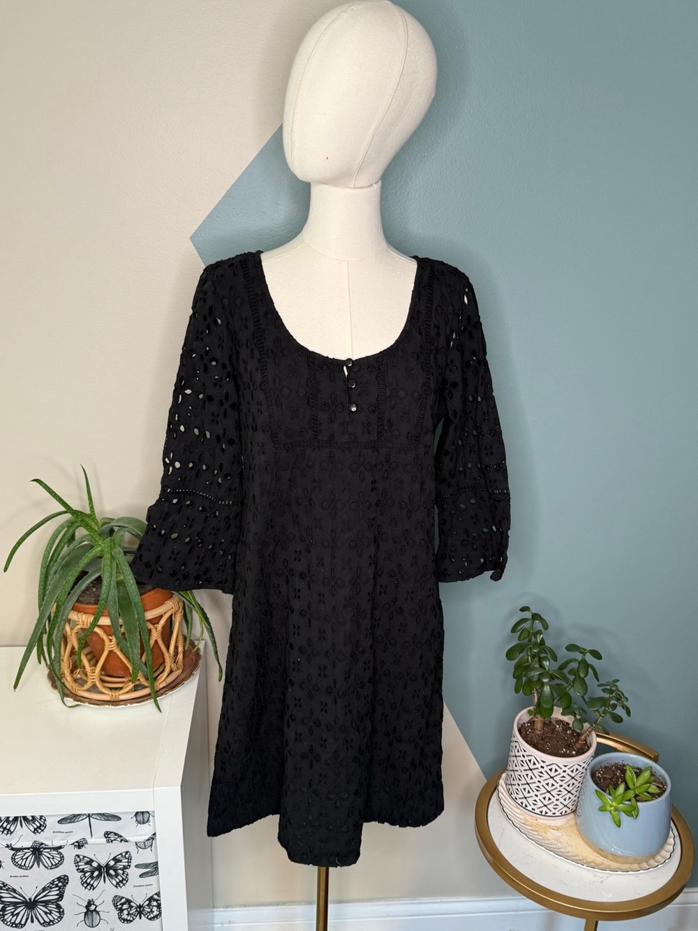 Madison Leigh Black Eyelet Cotton Prairie Boho Cottagecore Dress 10 - Picture 2 of 13